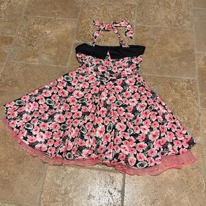 JERRY BECK Pink Black Floral Halter Pinup Retro Dress Size Large